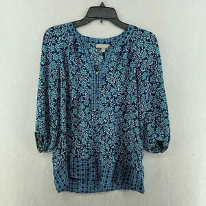Banana Republic Blouse Women's Sz XS Blue Teal Floral V-Neck 3/4 Sleeves Tunic